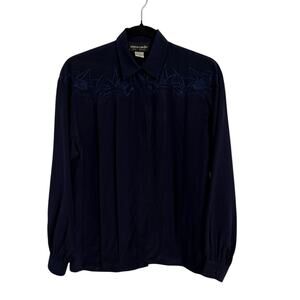 Pierre Cardin Women's 6 Embroidered Floral 100% Silk Pintuck Button Navy Blouse